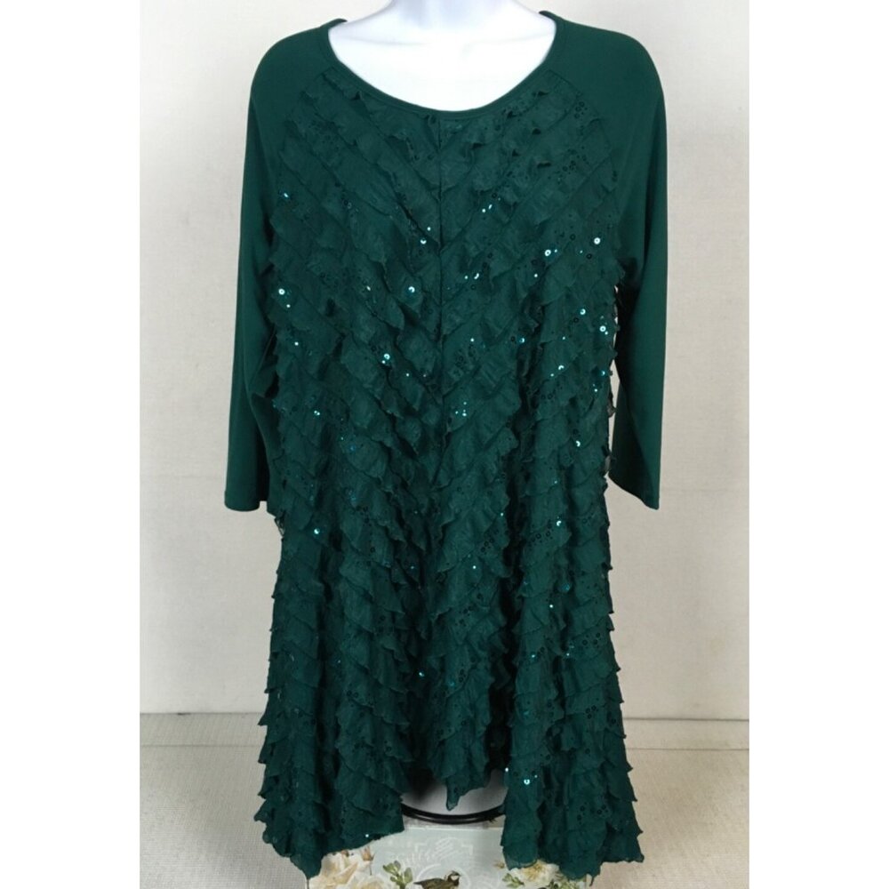 Anthony Dress Women Size L Green Ruffled Sequins Round Neckline Short 3/4 Sleeve